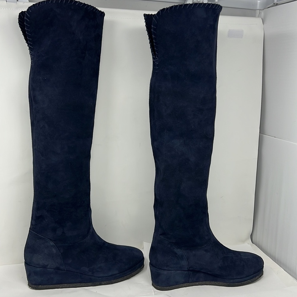 Michele Negri Sz 8.5 Blue Suede Low Wedge Whipstitch Trim Knee Boots